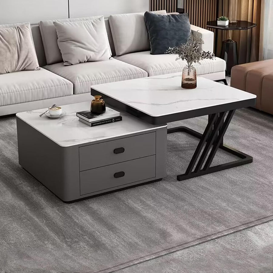 Modern Nesting Coffee Table Set 2-in-1 White Marble Grain Living Room