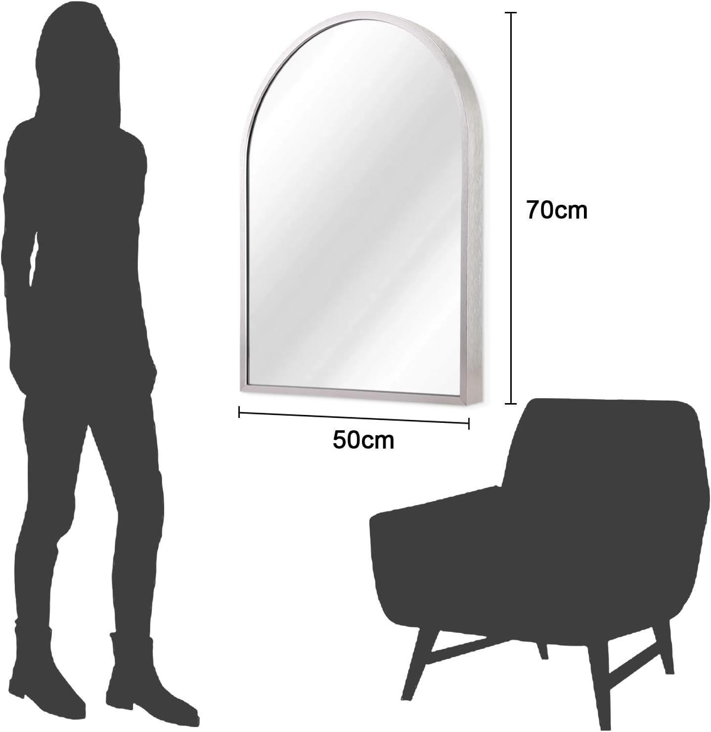 Arched Wall Mirror 70x50cm Silver Metal Frame | Vanity, Bedroom, Entryway