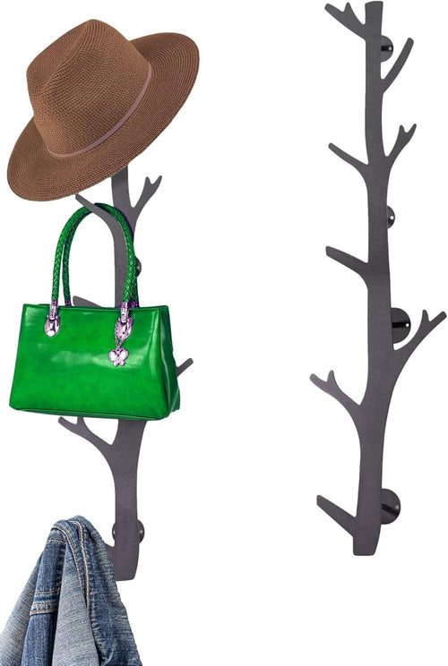 Black Metal Tree Branch Wall Mounted Coat Rack | 8 Hooks Modern Rustic