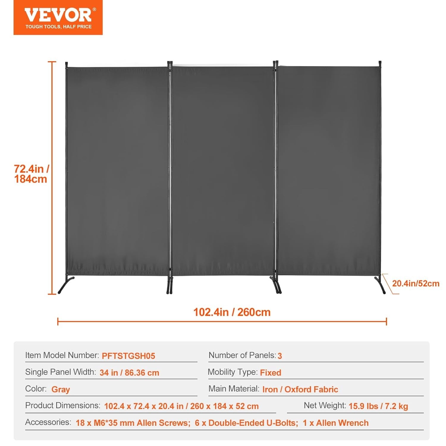 3 Panel Grey Folding Room Divider Privacy Screen Partition 260x184cm