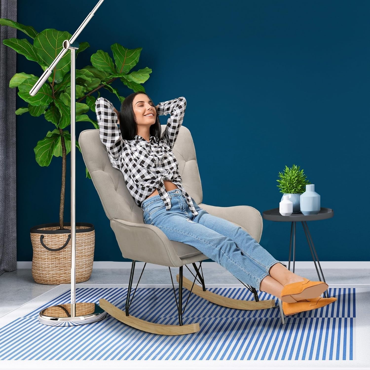 Comfortable Velvet Rocking Chair with Wooden Base for Living Rooms