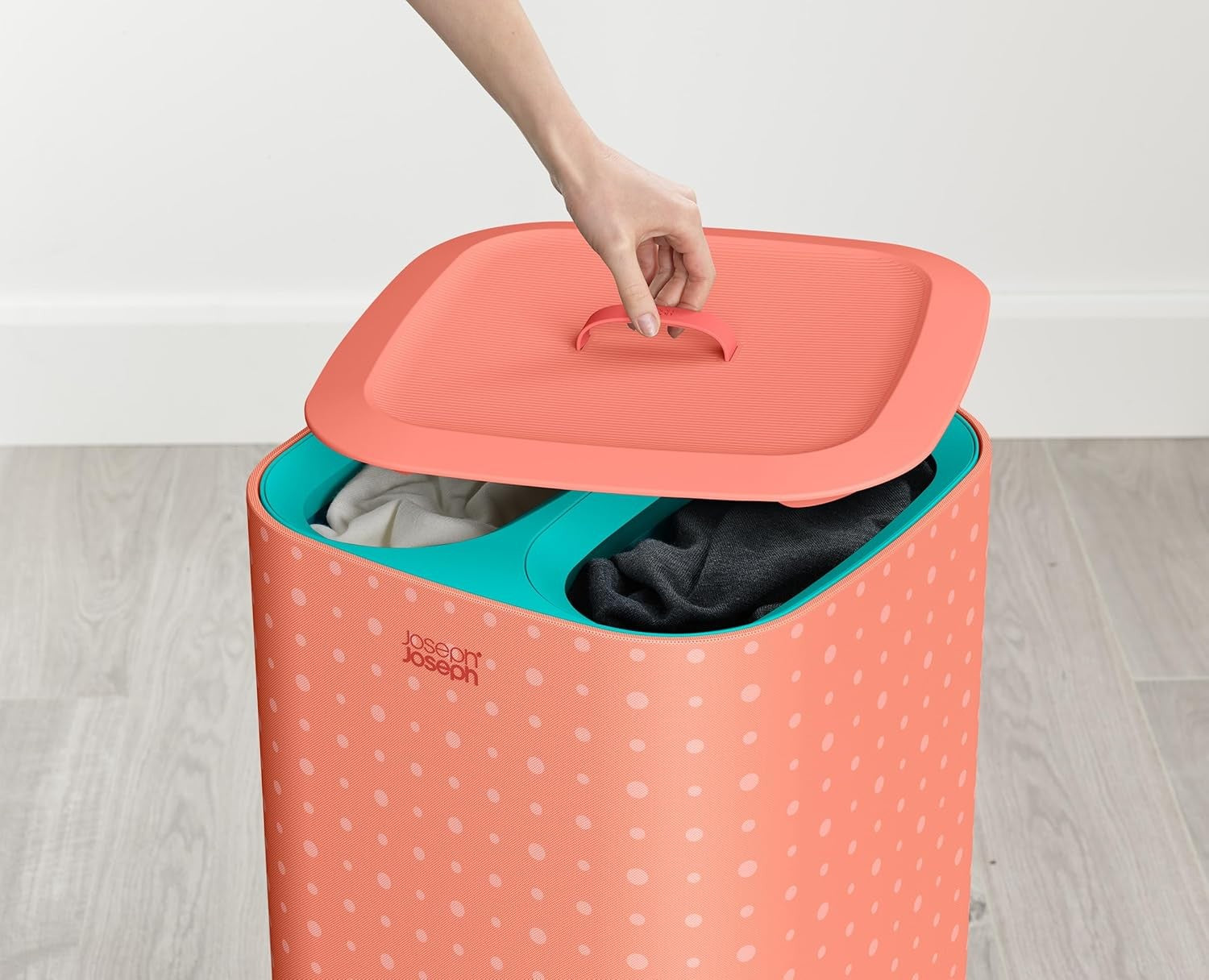 60L Dual Laundry Basket with Lid Removable Bags Coral Green Modern Design