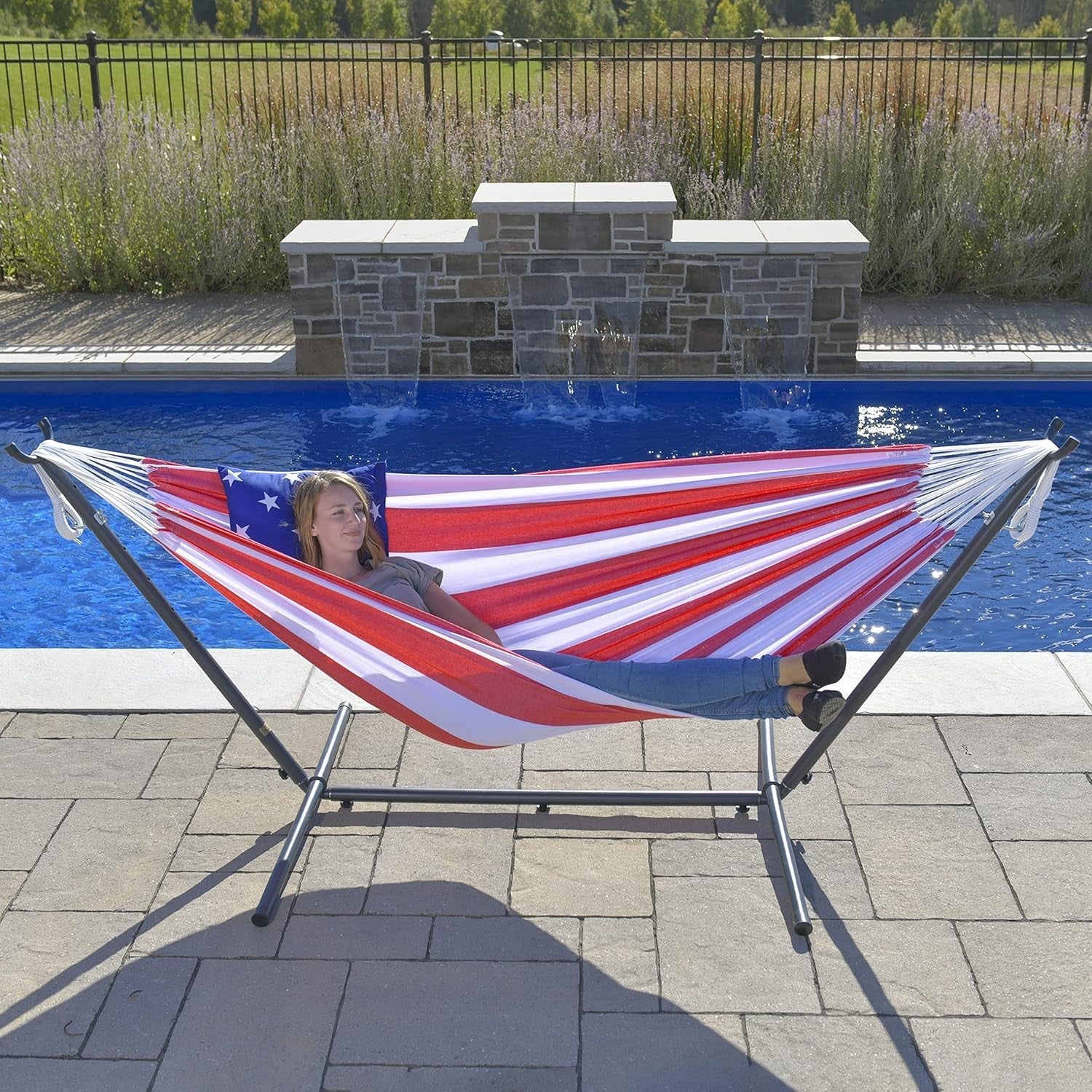 Double Cotton Hammock with Stand – 280cm Patriotic Outdoor Bed, 2 Person Relax