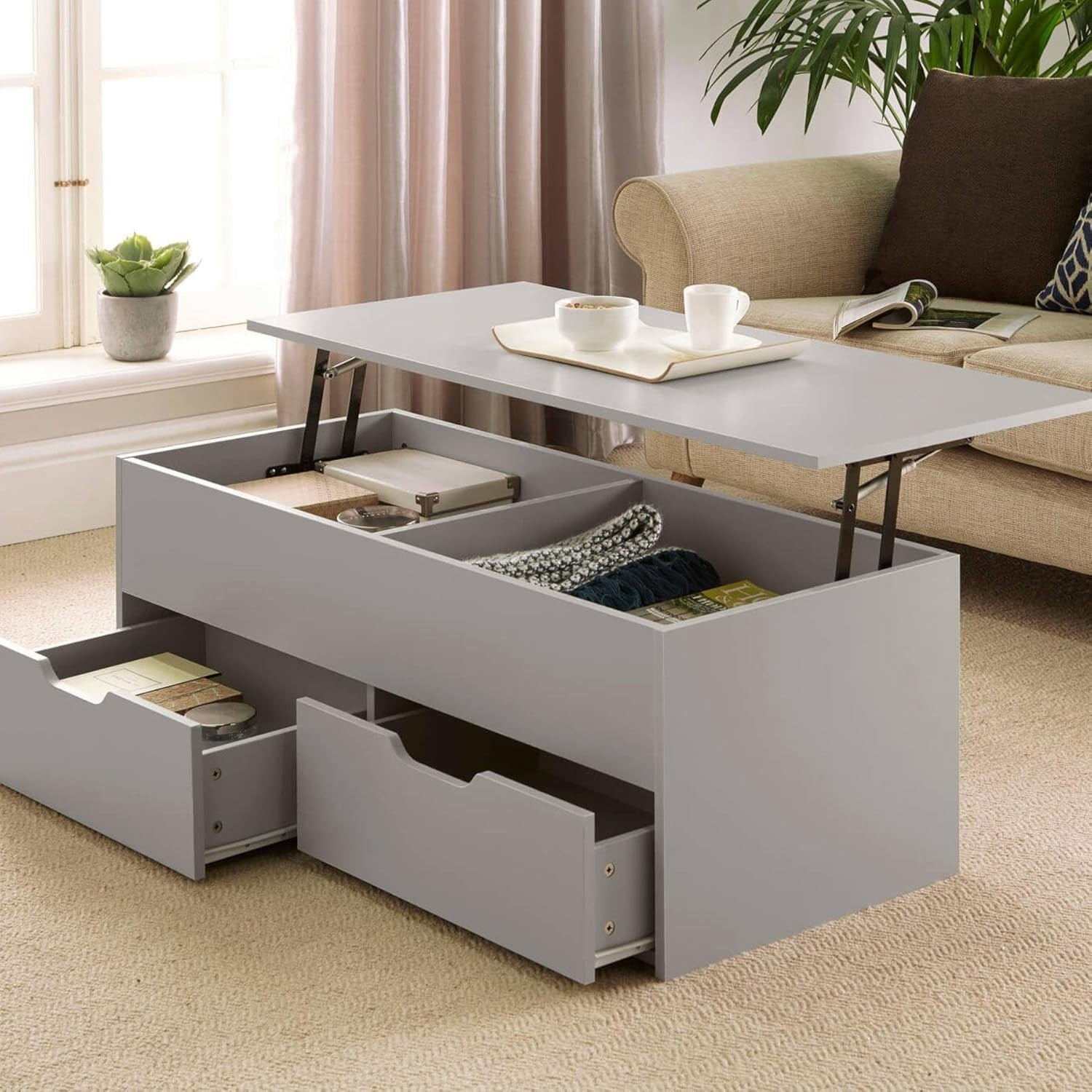 Modern Lift-Top Coffee Table with Locking Storage Drawers Grey 115x50x40cm