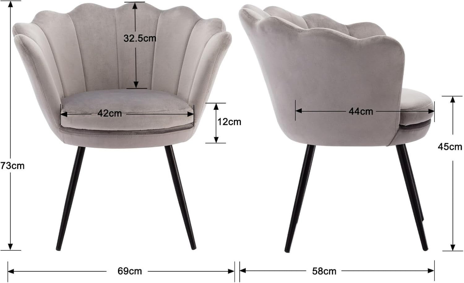 Grey Velvet Lounge Chair Gold Legs | Petal Back Armchair for Bedroom