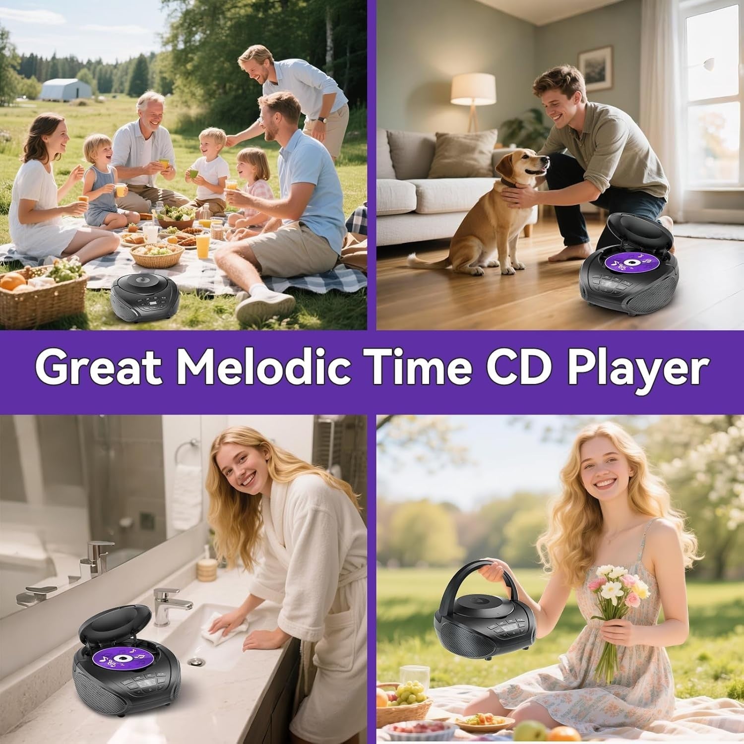 Portable CD Player Boombox Speakers FM Radio AUX Headphone Jack Black