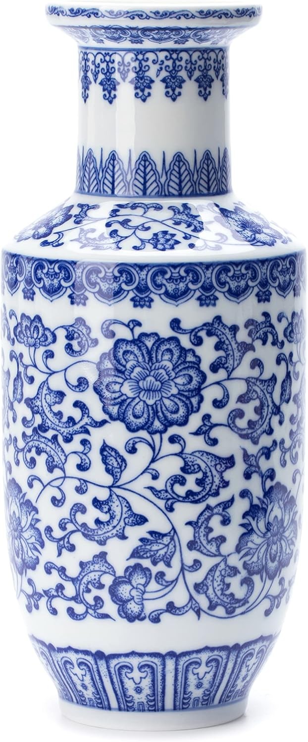 Blue White Chinoiserie Ceramic Vase 10in Glossy Floral Table Centerpiece