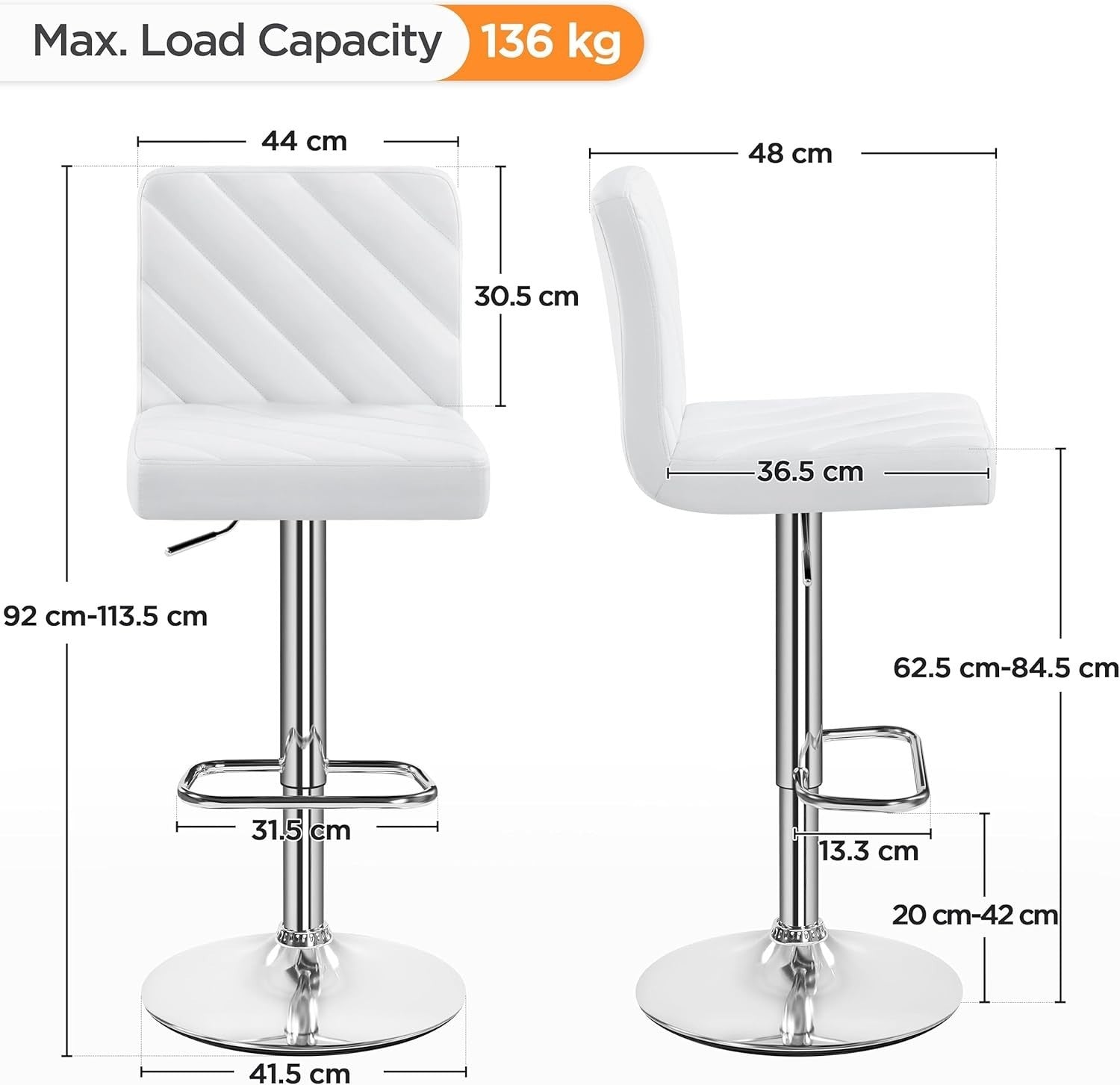 White Adjustable Swivel Bar Stools Set of 2 Faux Leather Chairs