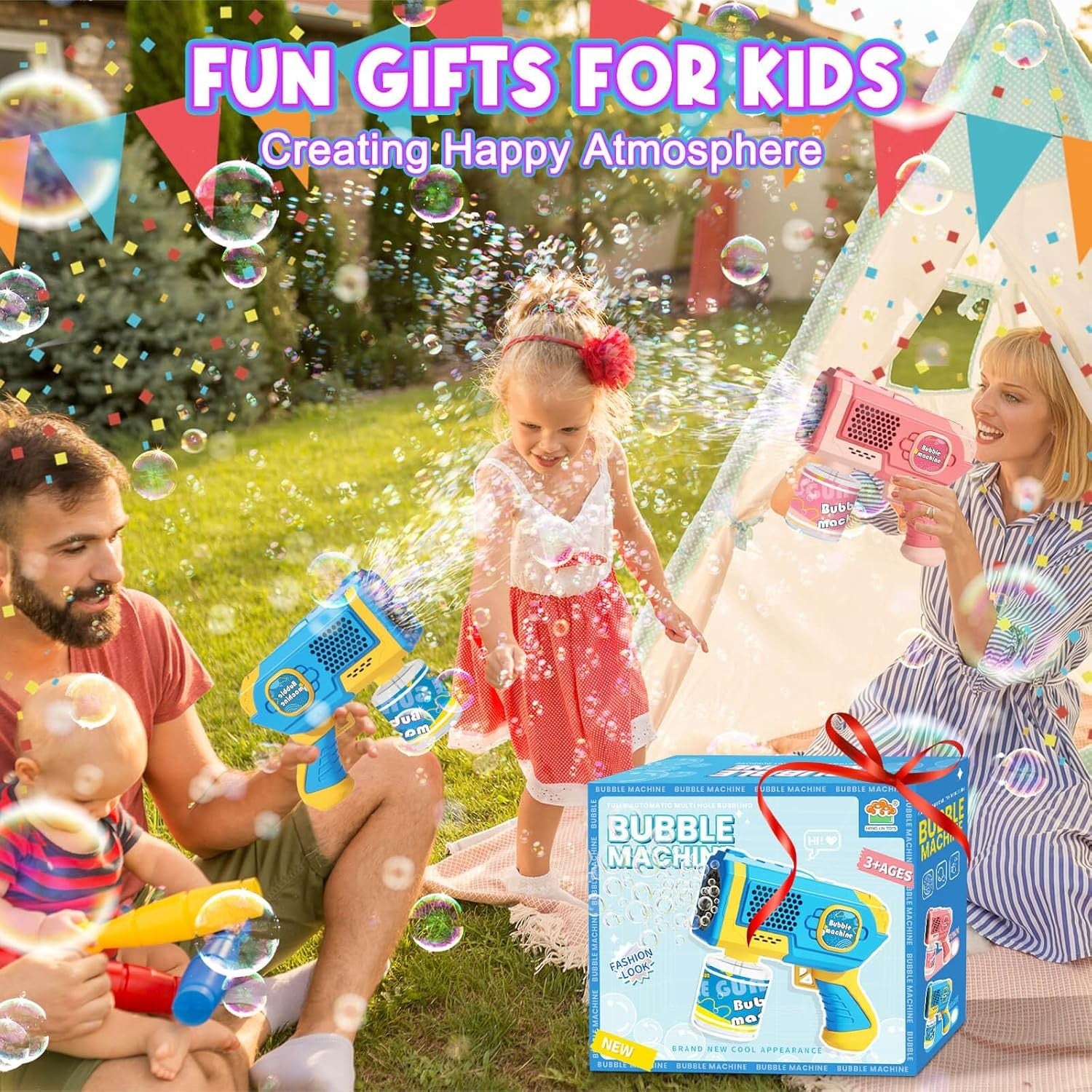 Kids Bubble Gun Light Up 8 Hole Bubble Blower Toy Blue