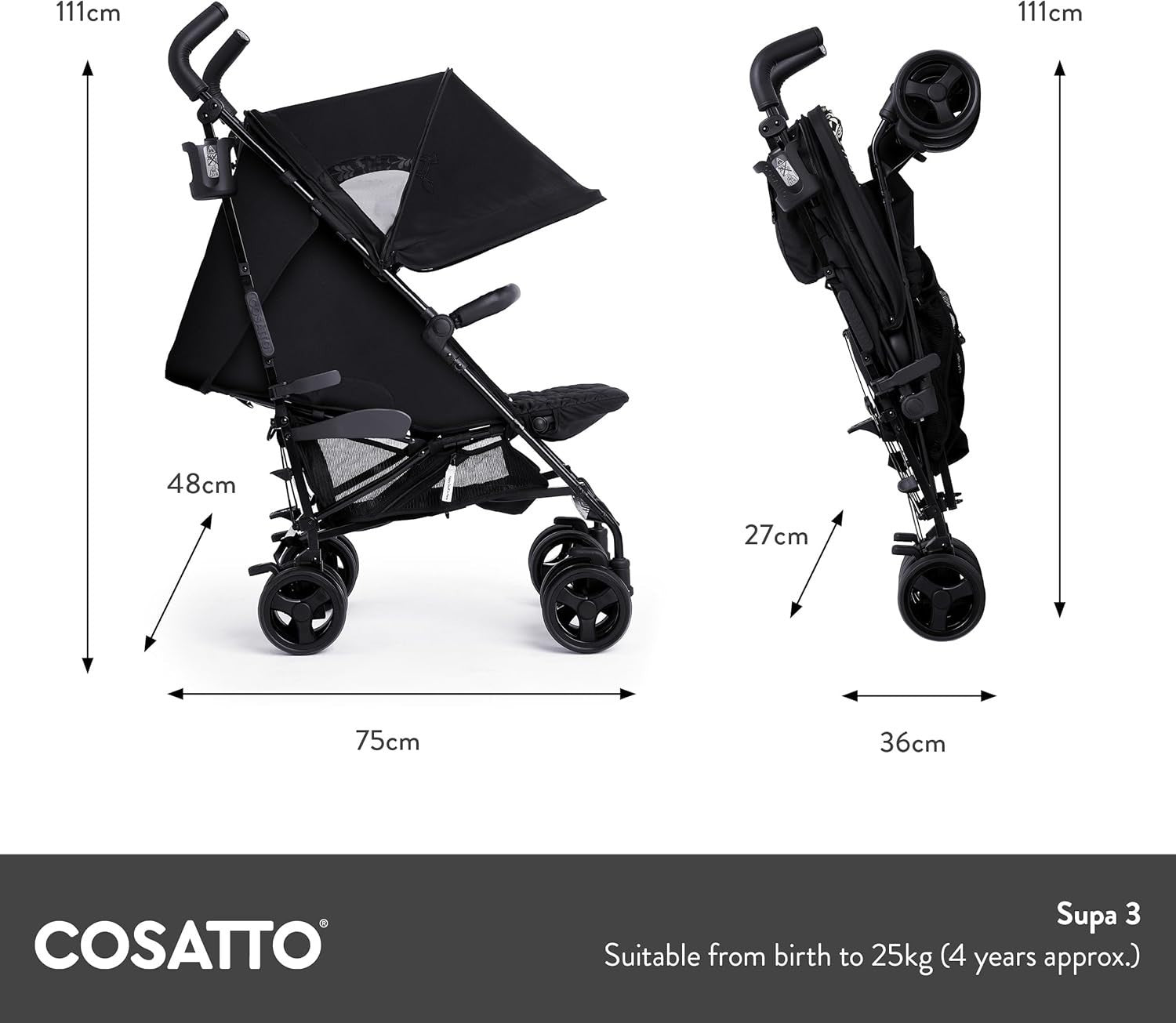 Slim Fold Pushchair for Newborns to 25kg, All-Weather Set, Easy Carry