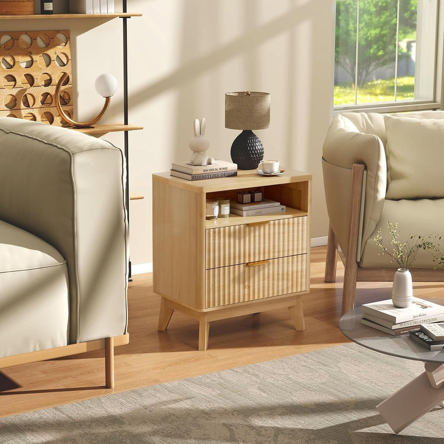 Natural Fluted Bedside Table with 2 Drawers & Open Shelf – Modern Wood