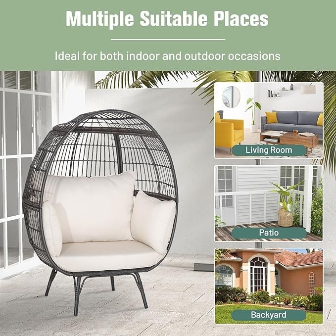 Oversized Rattan Egg Chair w/ Cushions Indoor Outdoor Lounge 450lbs Capacity