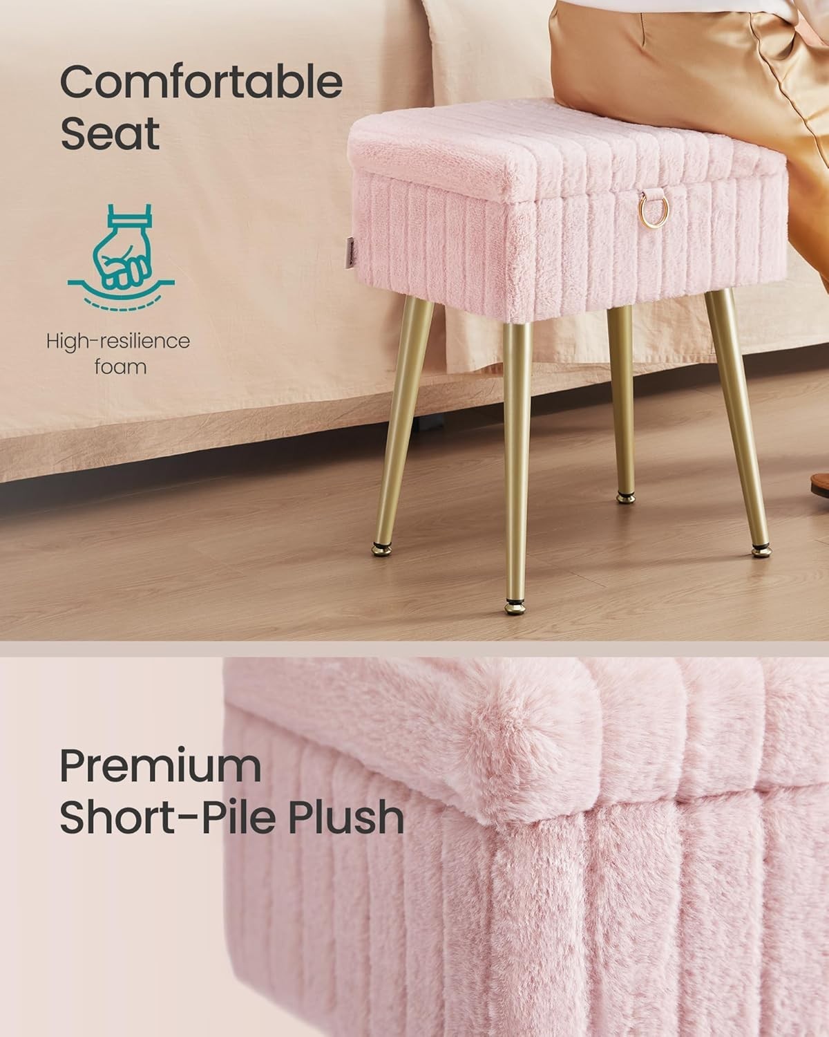 Jelly Pink Vanity Stool with Storage Plush Seat Ottoman Rectangular Chair