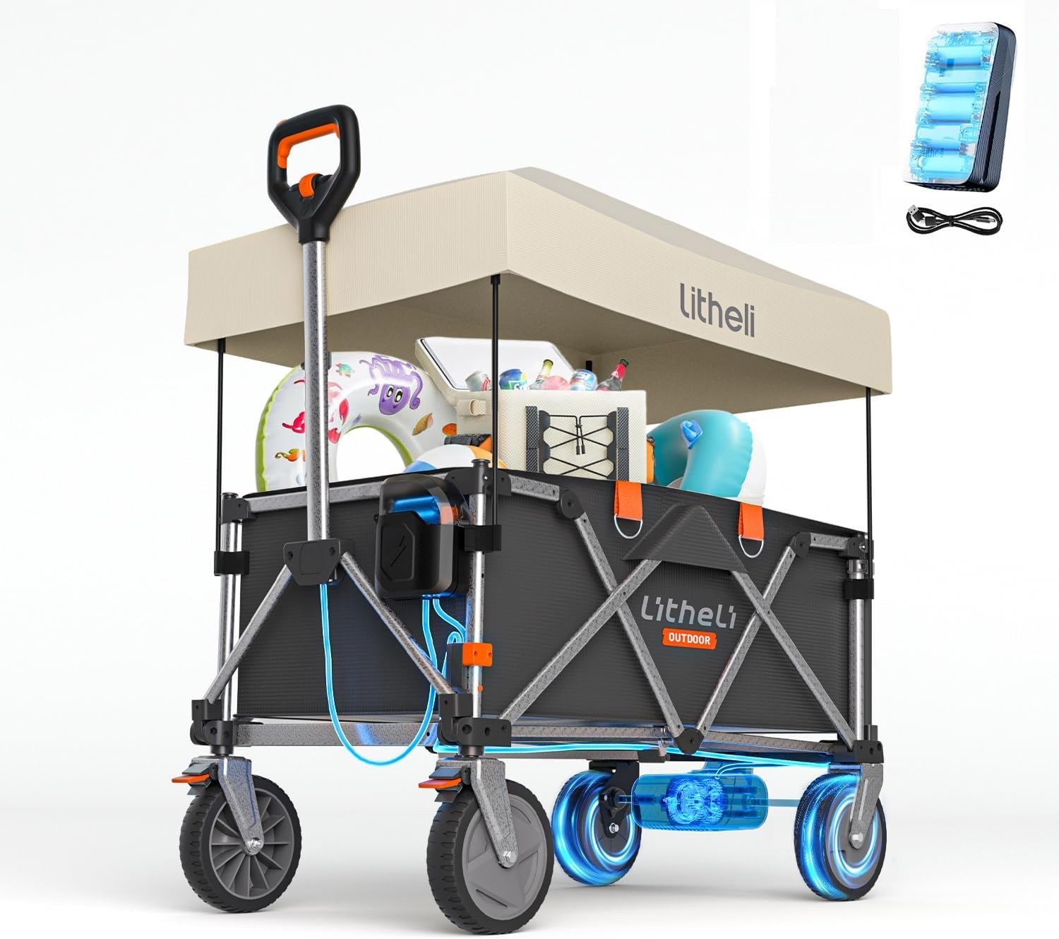 Electric Canopy Folding Wagon 200L 60kg Off-Road Festival Trolley Cart Black