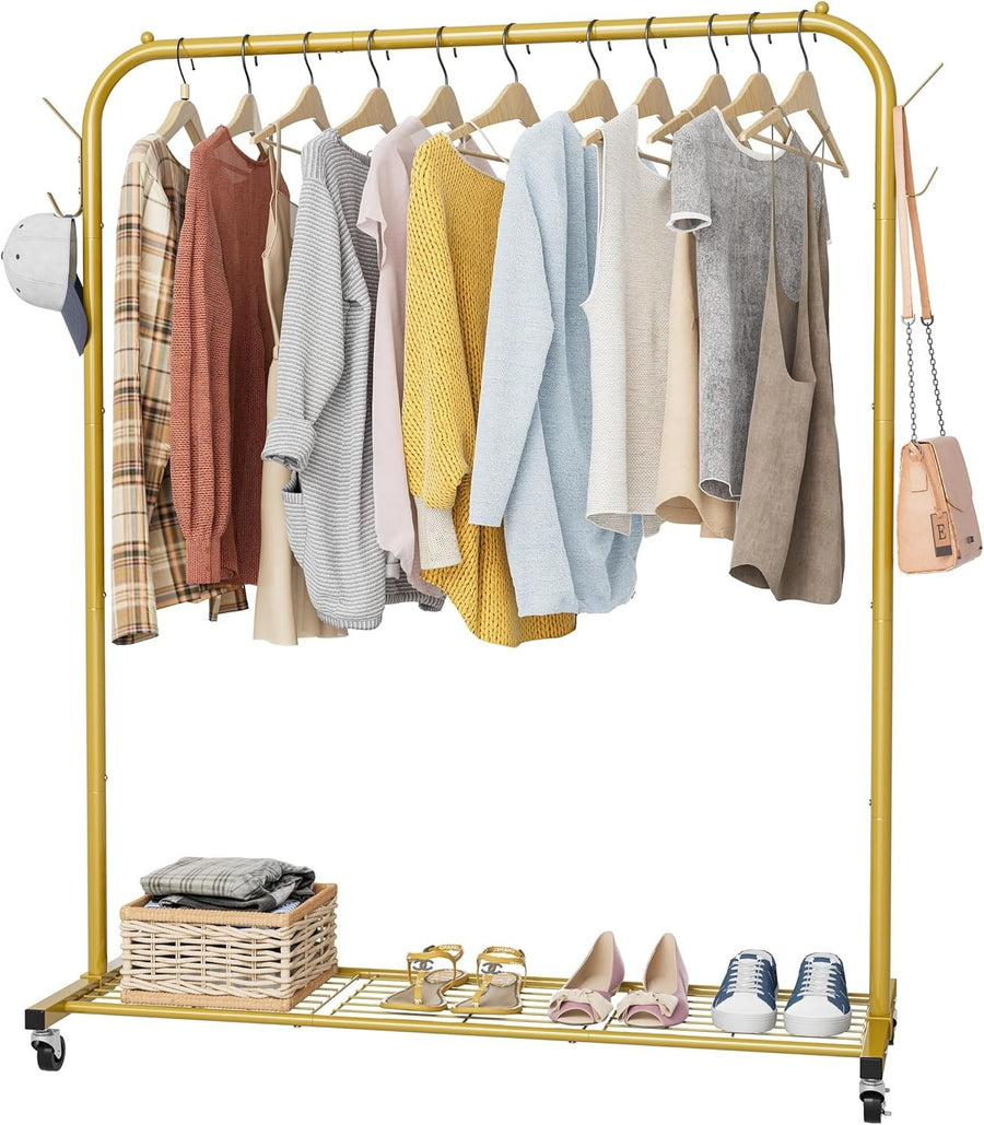 Portable Gold Clothes Rail 40KG Rack With Wheels Shelf & Hooks