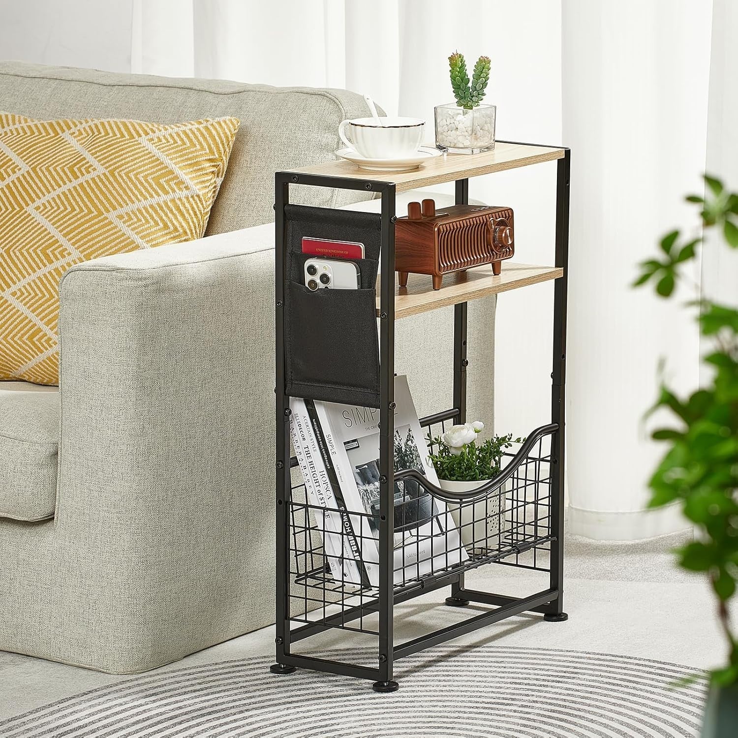 3-Tier Narrow Side Table 30x30x50 cm | Slim End Table w/ Magazine & Fabric Stora