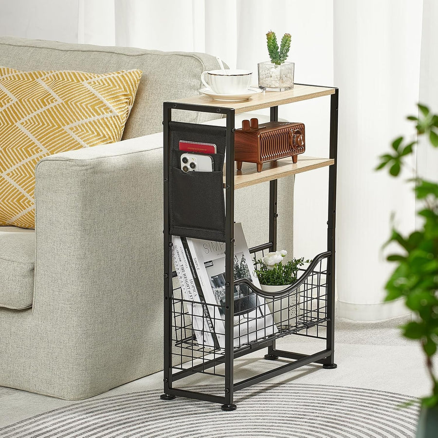 3-Tier Narrow Side Table 30x30x50 cm | Slim End Table w/ Magazine & Fabric Stora