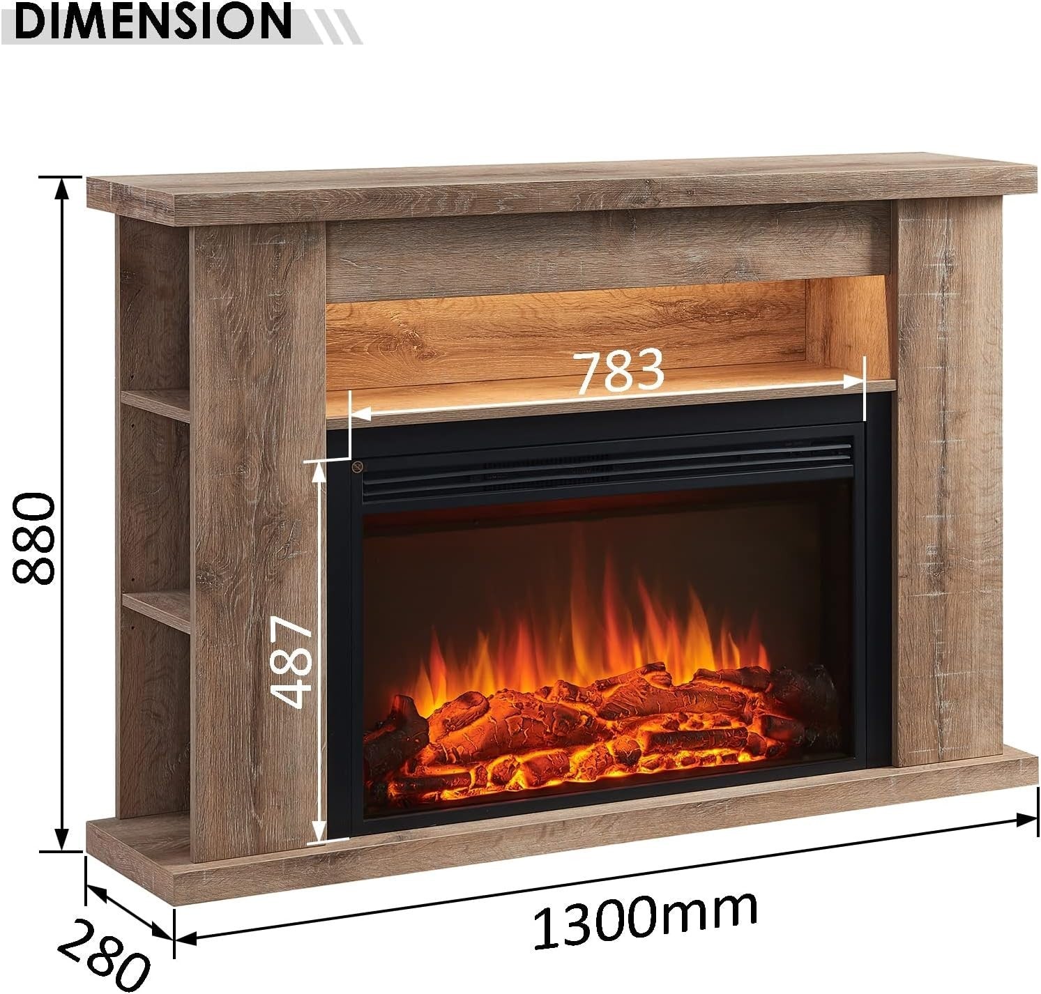 Electric Fireplace Suite 51” Heater Storage Shelves Rustic Oak Effect