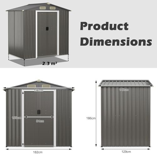 6x4FT Metal Garden Shed Outdoor Storage House Lockable Sliding Doors Grey