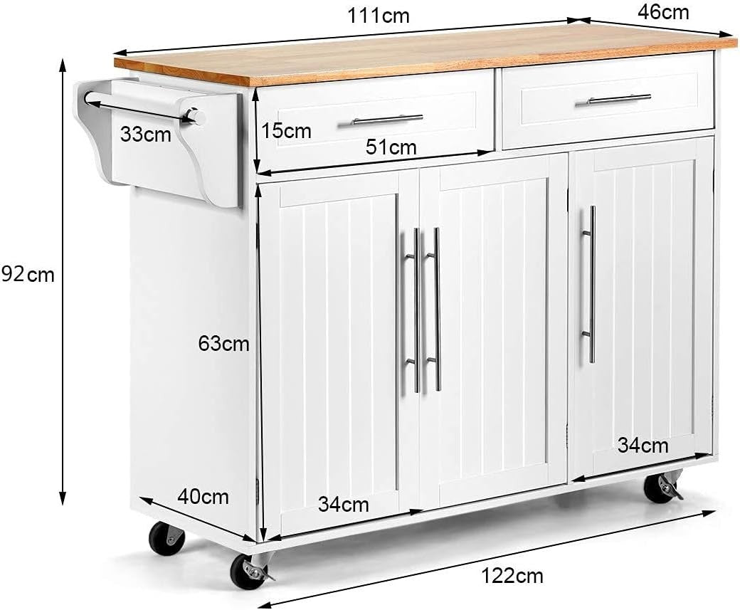 Mobile Kitchen Island Cart with Rubberwood Top, Lockable Wheels & Storage