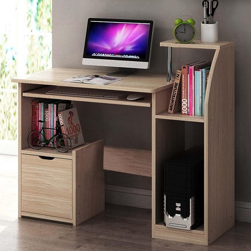 Compact Wooden Computer Desk 80cm with Keyboard Tray & Storage Shelves