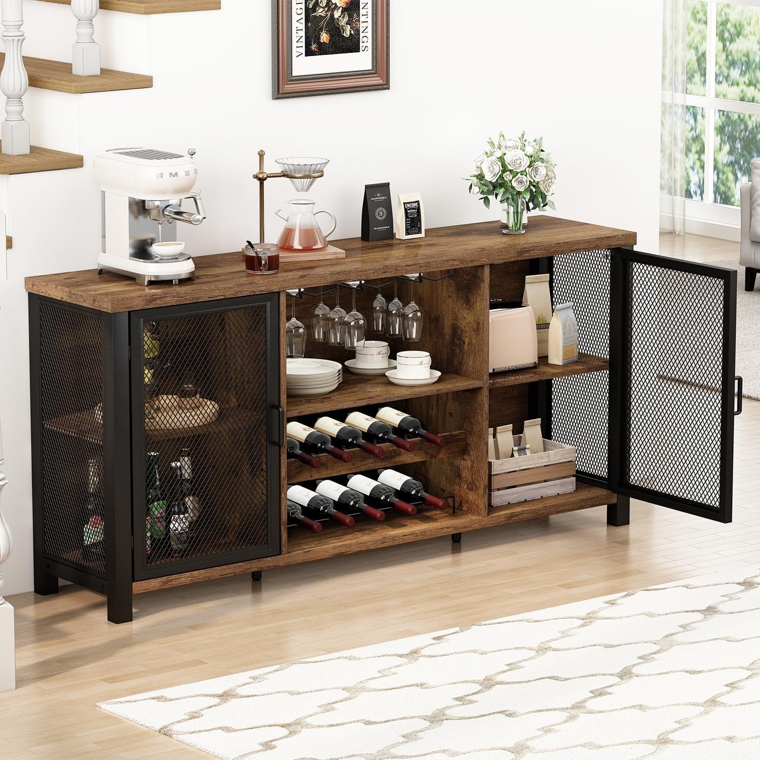 Rustic Industrial Bar Sideboard Cabinet with Wine Rack Glass Storage 140cm