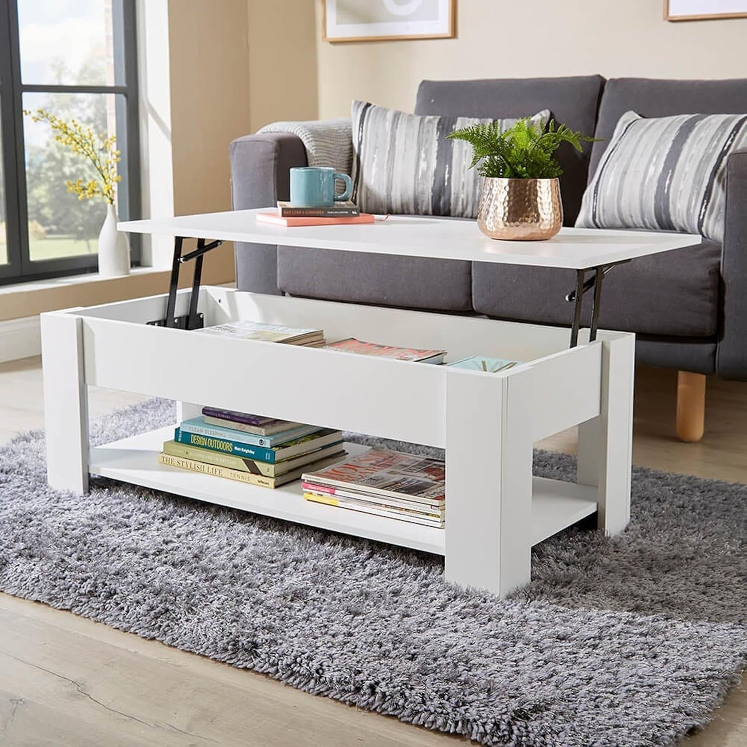 Lift Top Coffee Table White 100x50cm with Hidden Storage & Shelf Modern