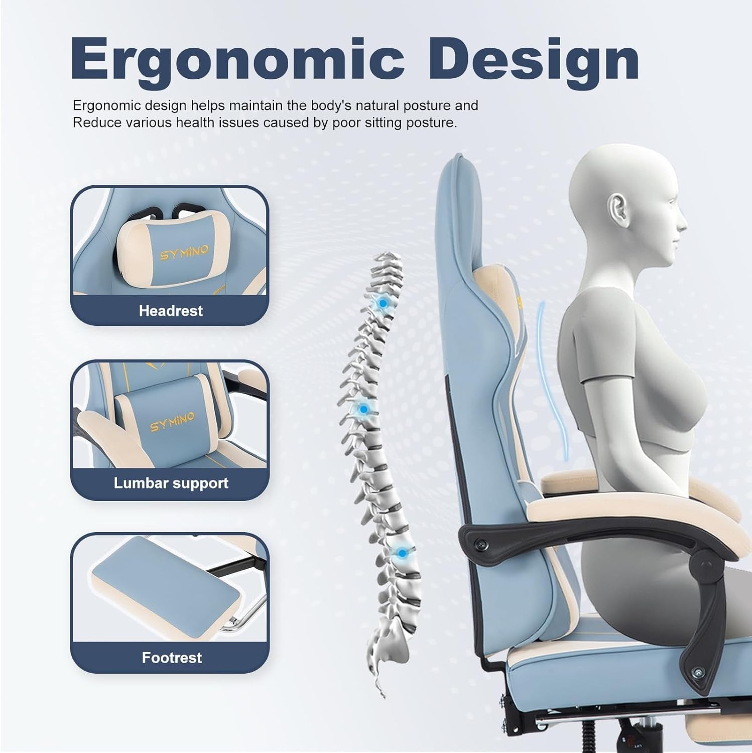 Ergonomic Gaming Chair Recliner w/ Footrest Lumbar PU Leather Blue