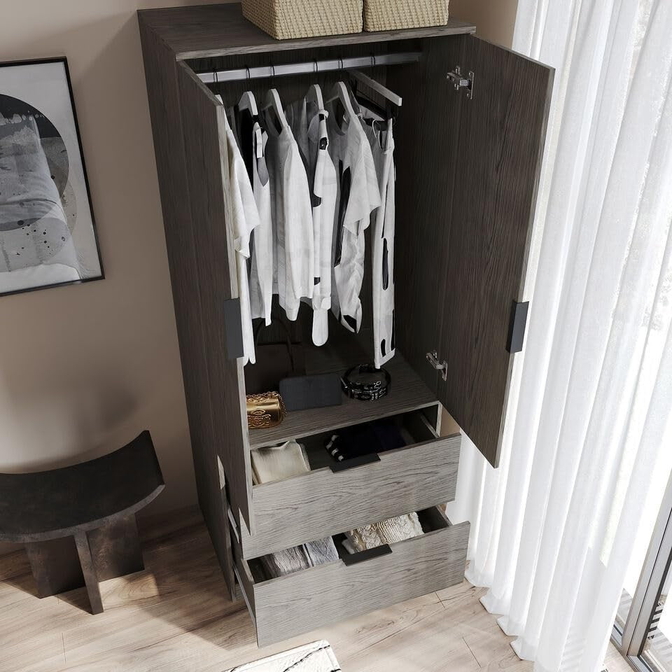 Minimalist 2 Door Wardrobe with Drawers & Hanging Rail - Space Saving Storage