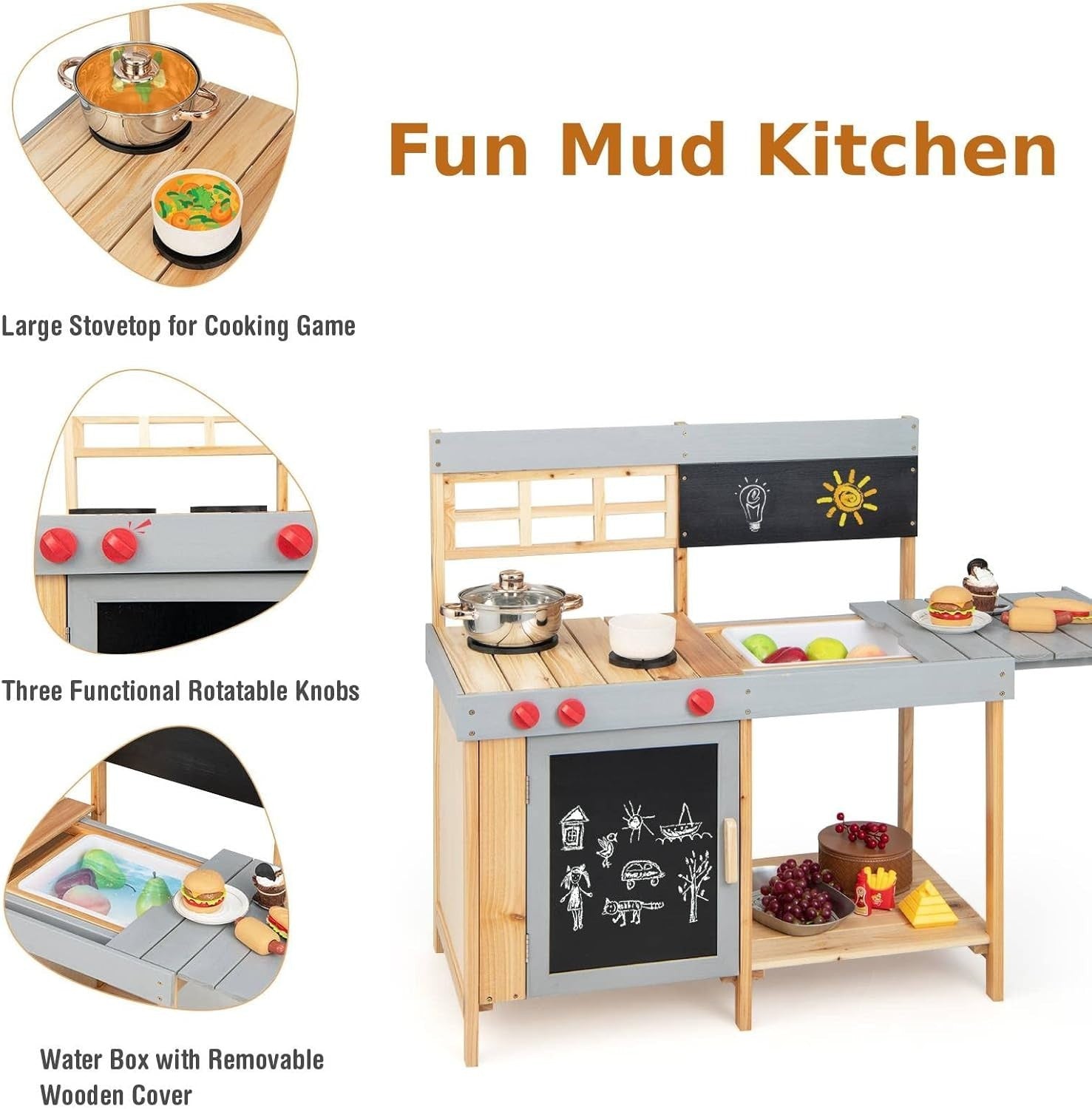 Outdoor Wooden Mud Kitchen Kids Playset Water Box Blackboard Toy