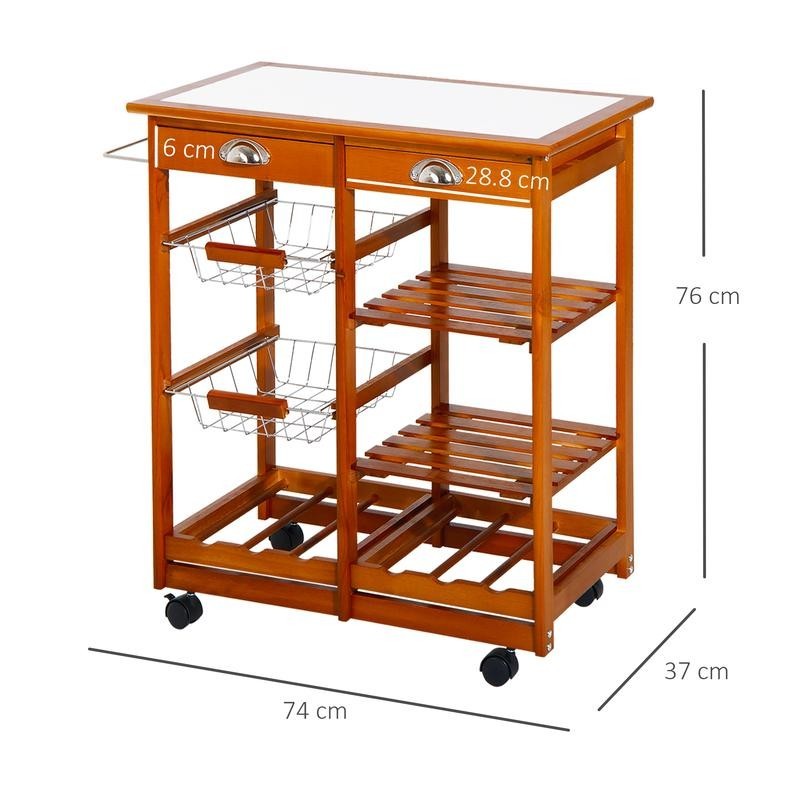 Wooden Kitchen Trolley with Wine Rack, Drawers & Tile Top – Honey Finish