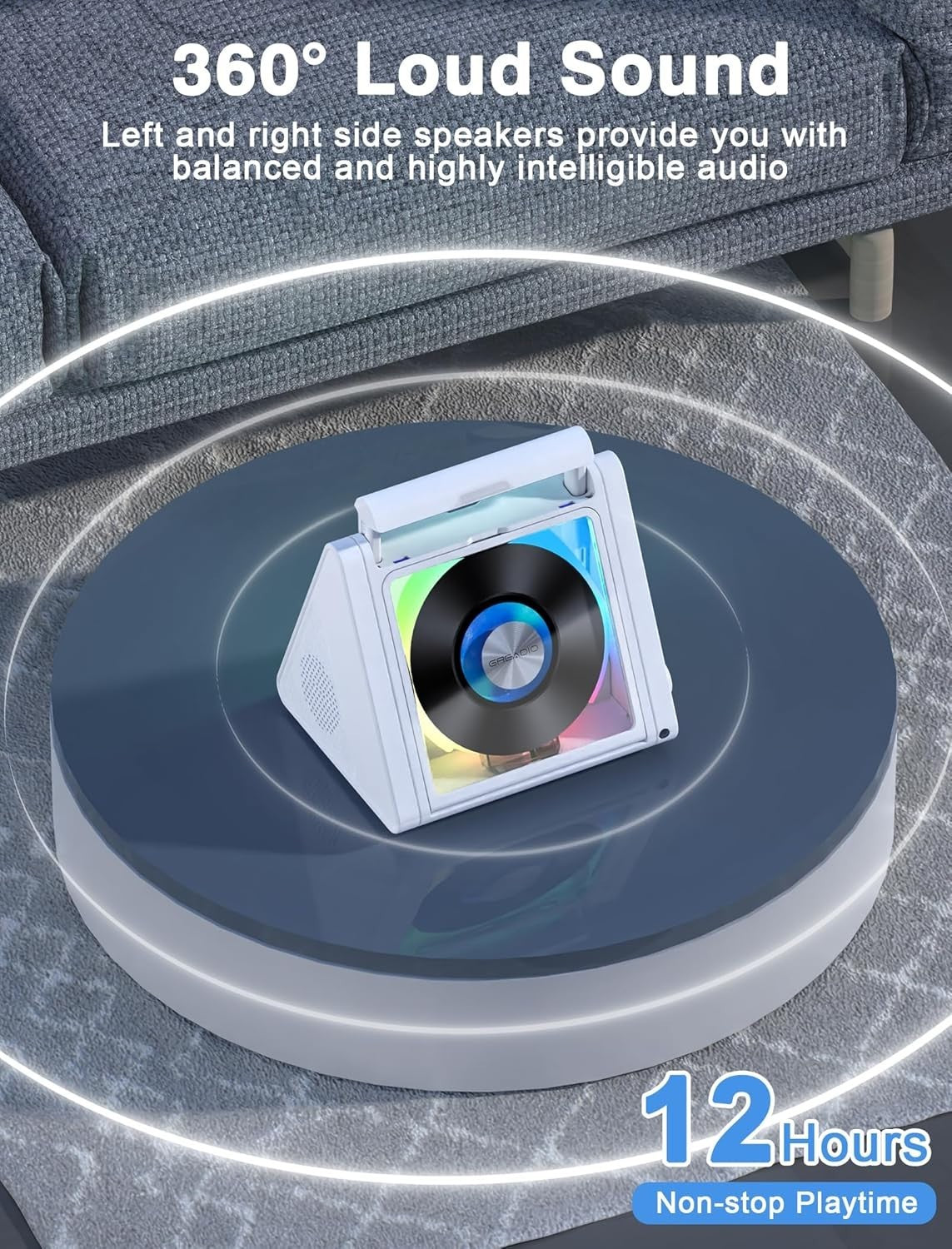 Rechargeable Bluetooth CD Player 20W HiFi FM Radio USB AUX RGB White