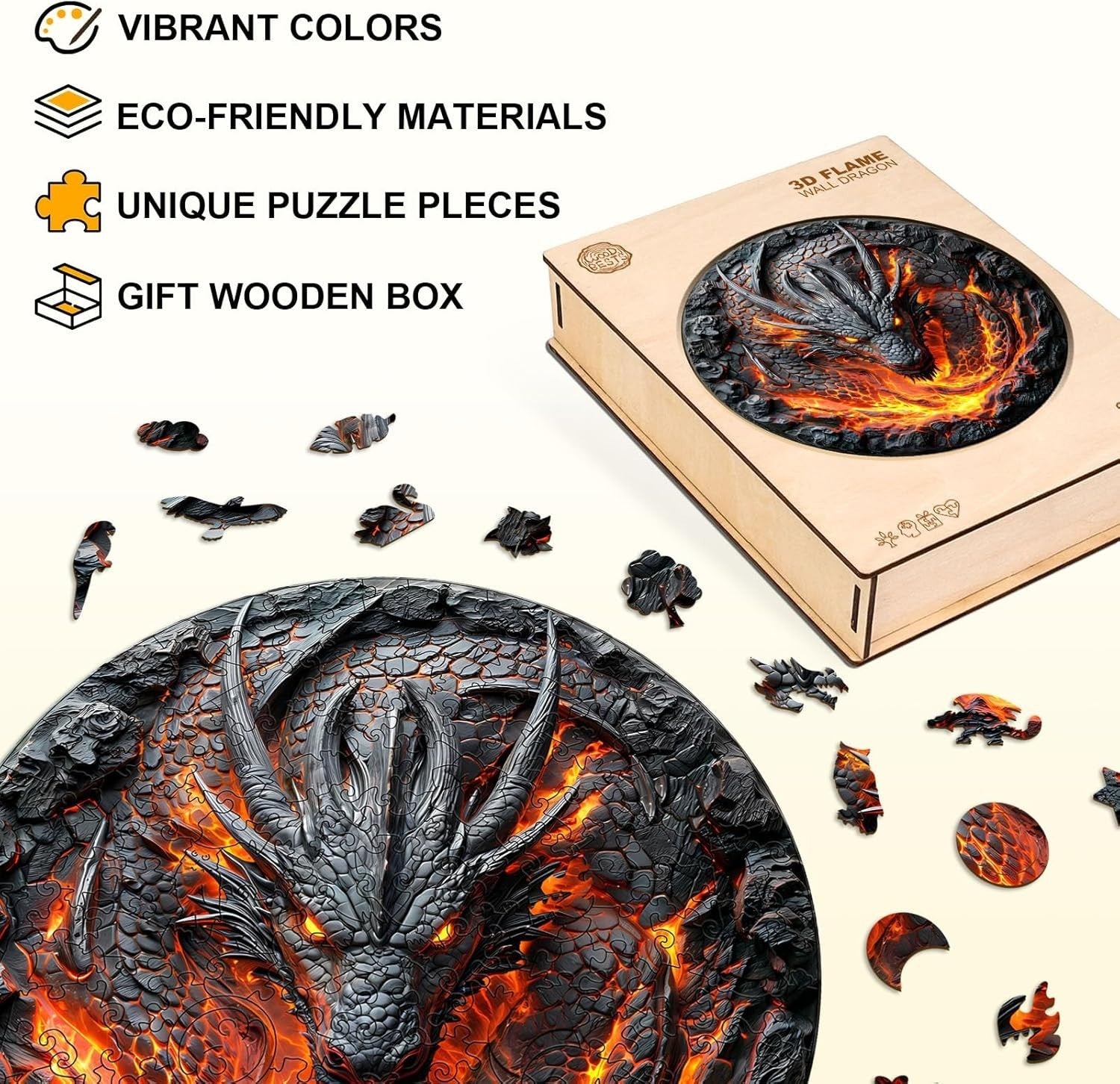 3D Flame Dragon Wooden Puzzle 270 Piece Animal Jigsaw Wall Art Gift