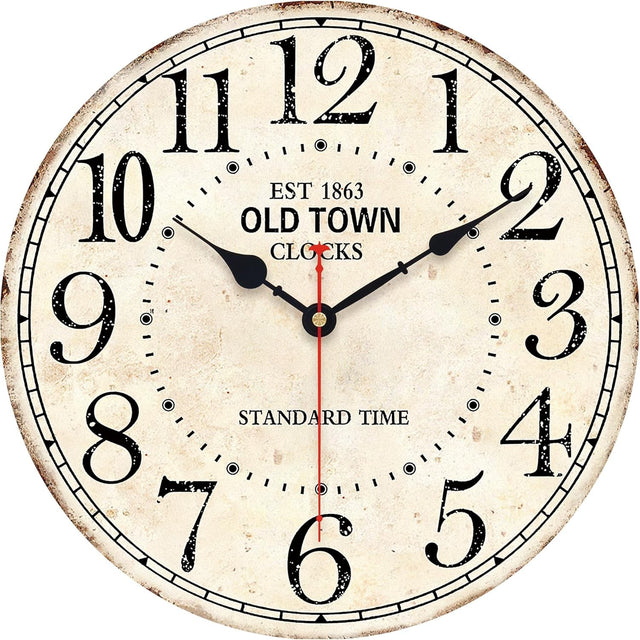 14" Vintage Old Town Wall Clock Rustic Silent Non-Ticking Antique Wood Décor