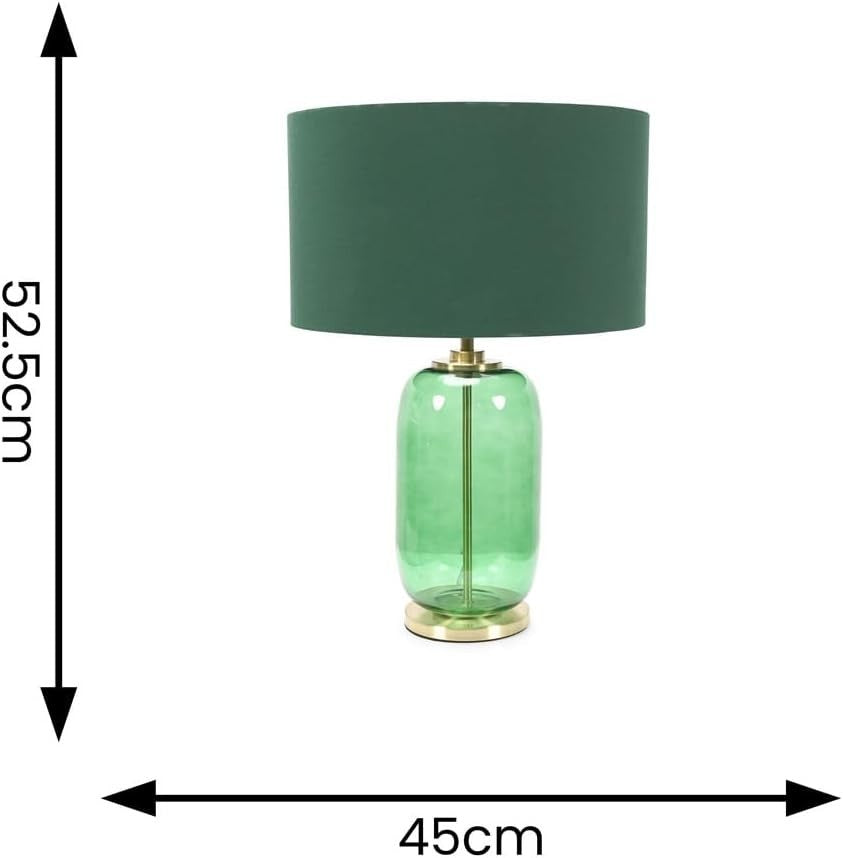 Forest Green Glass Table Lamp Gold Detail Drum Shade LED Bedside Light