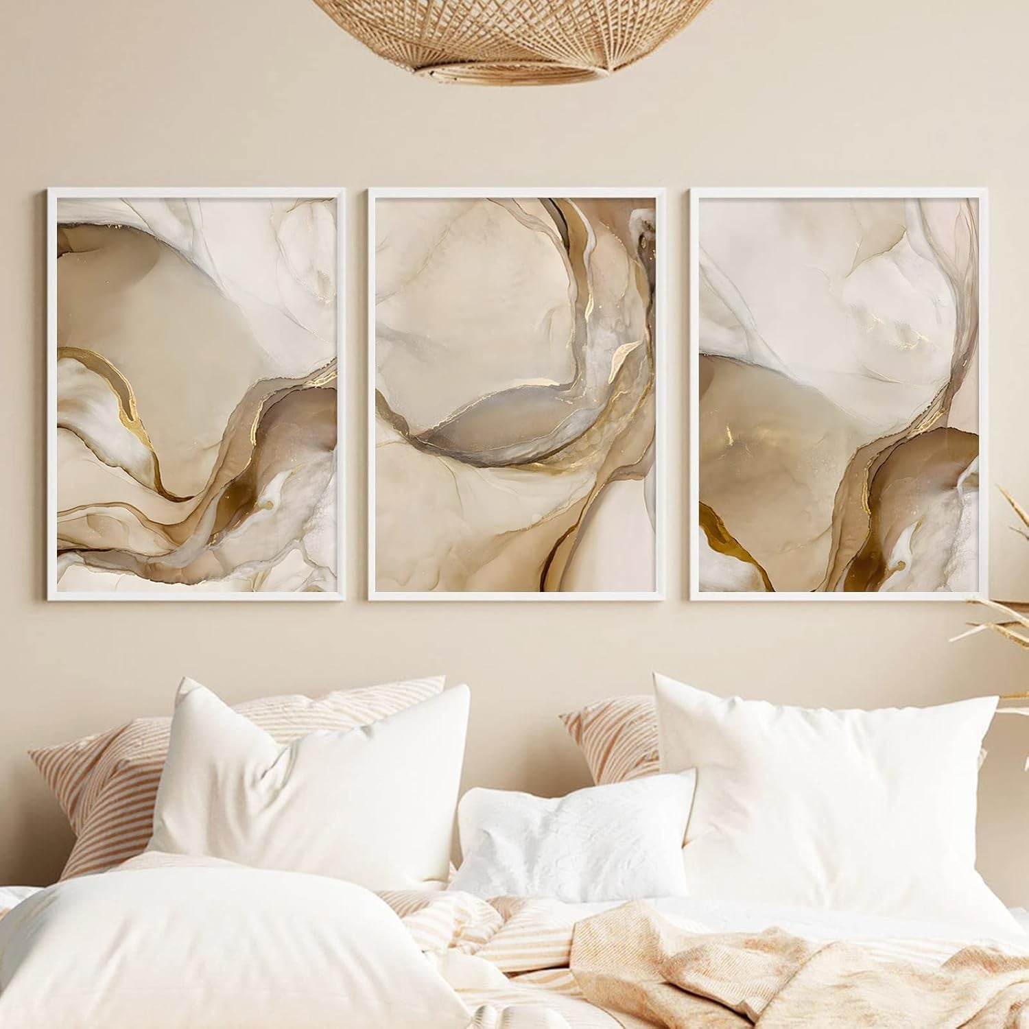 Brown Gold Marble Wall Art Set 16x24in Abstract Canvas