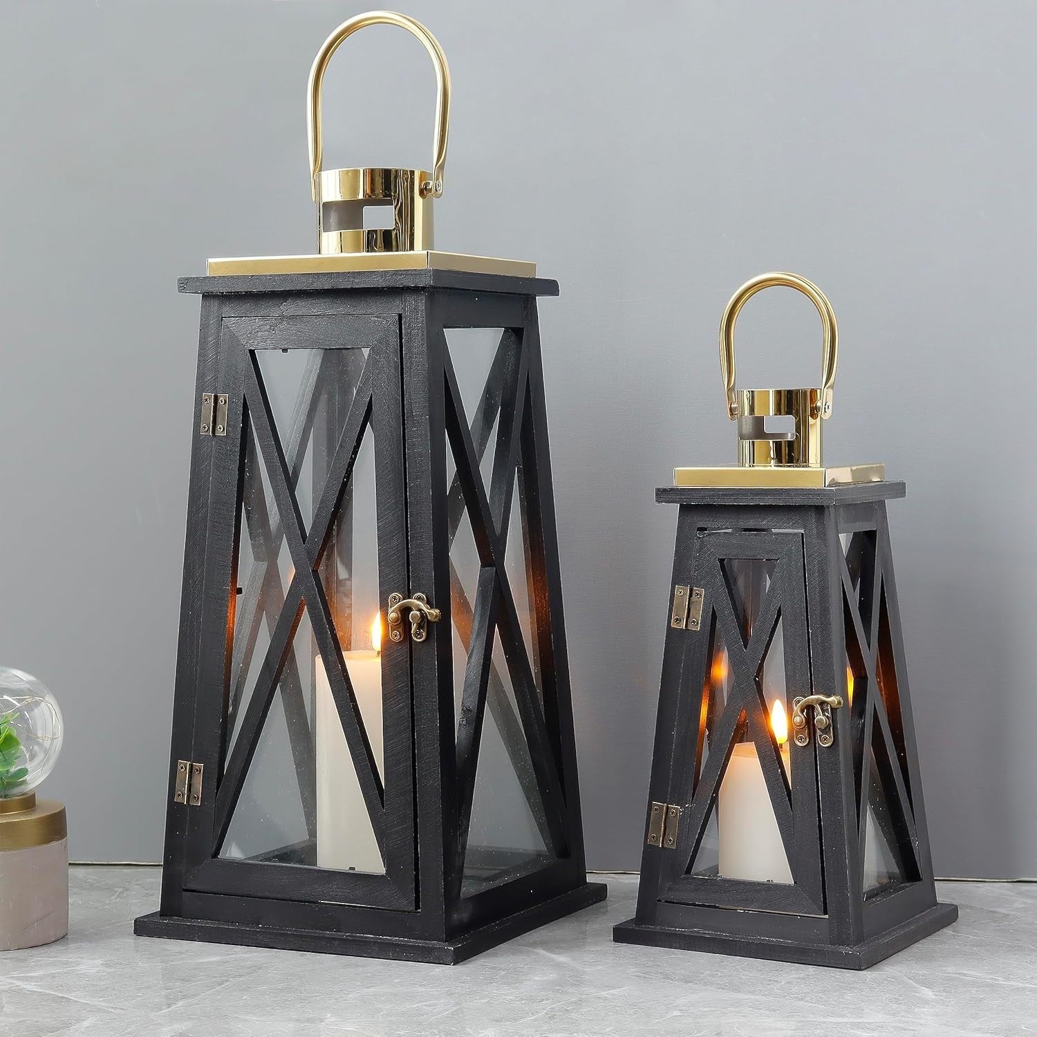 Set of 2 Farmhouse Wooden Lanterns Black Rustic Candle Holders 55cm
