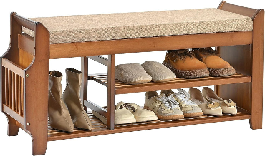 Bamboo Shoe Storage Bench 2 Tier with Cushion Drawer Side Holder Brown 39inch