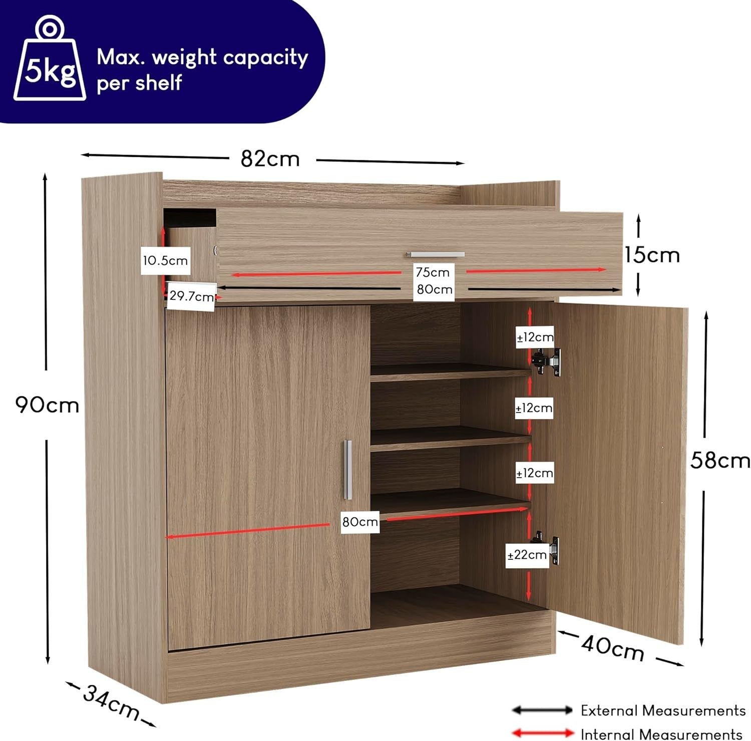 Modern Shoe Cabinet Oak Finish | 2 Door 1 Drawer Storage Unit Hallway Organiser