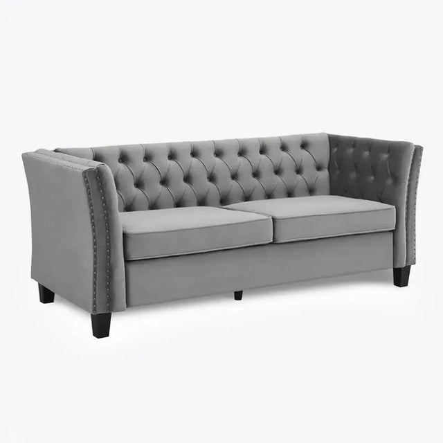 3 Seater Chesterfield Sofa Light Grey Velvet | Deep Cushions Solid Frame