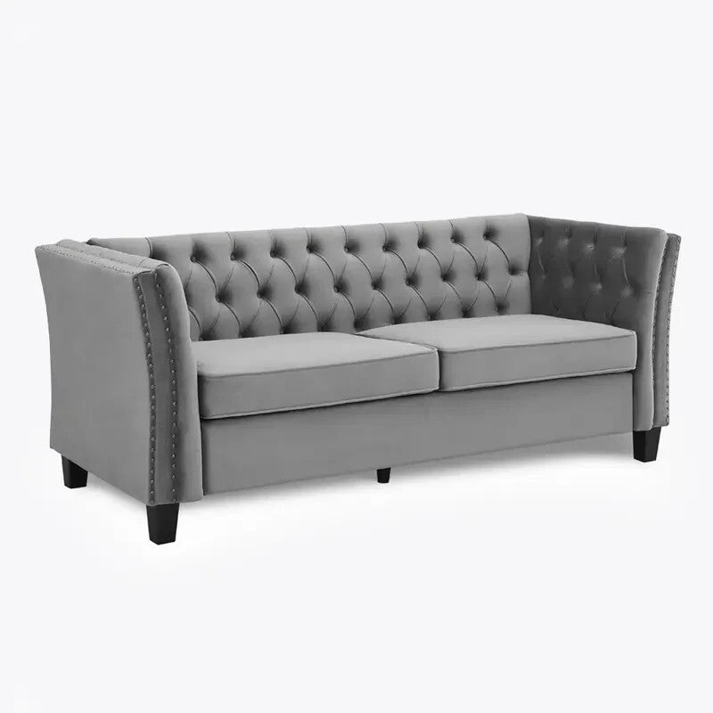 3 Seater Chesterfield Sofa Light Grey Velvet | Deep Cushions Solid Frame