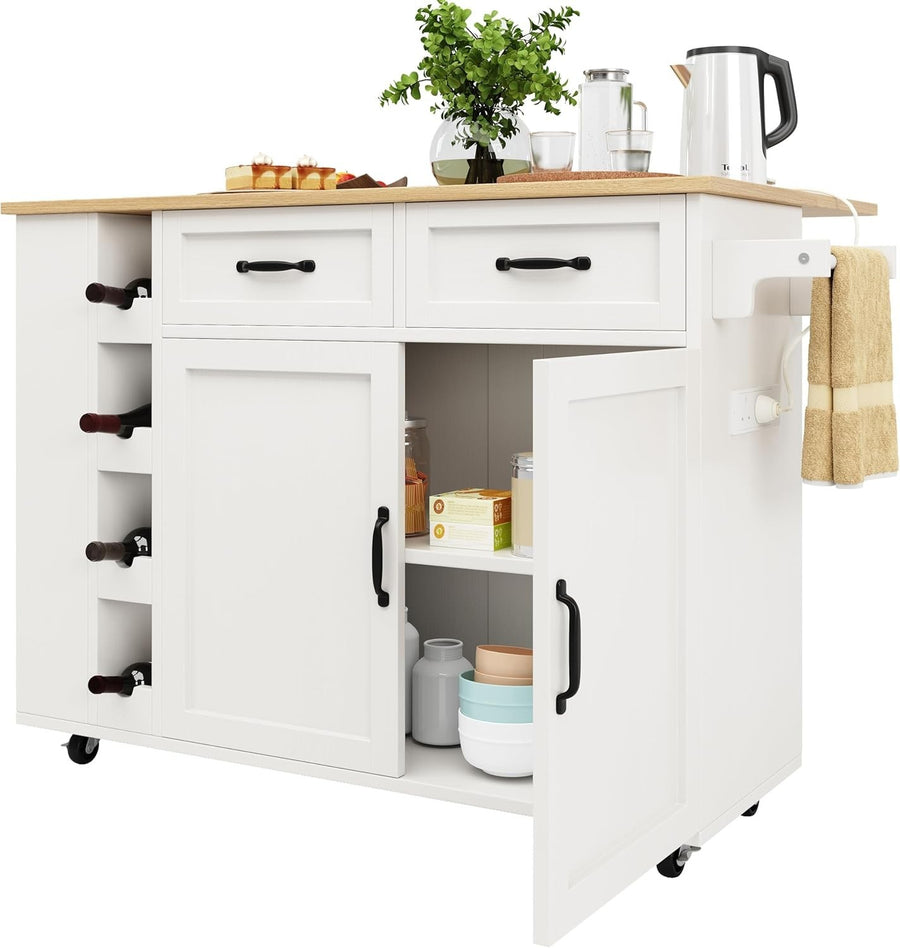 Rolling Kitchen Island with Power Strip, Foldable Worktop & Wine Rack, Mobile St