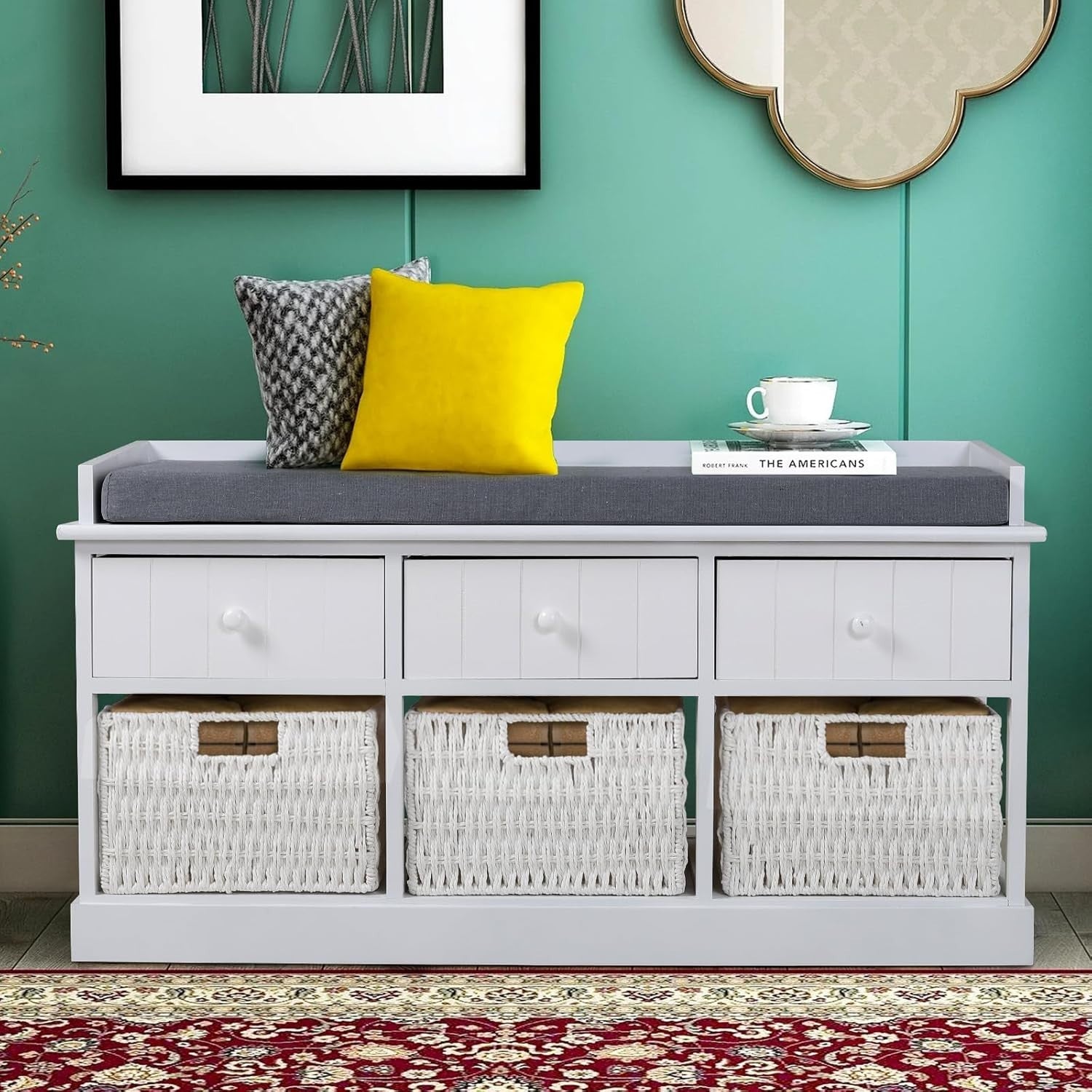 White Storage Bench with Cushion 3 Drawers 3 Wicker Baskets Hallway 100cm