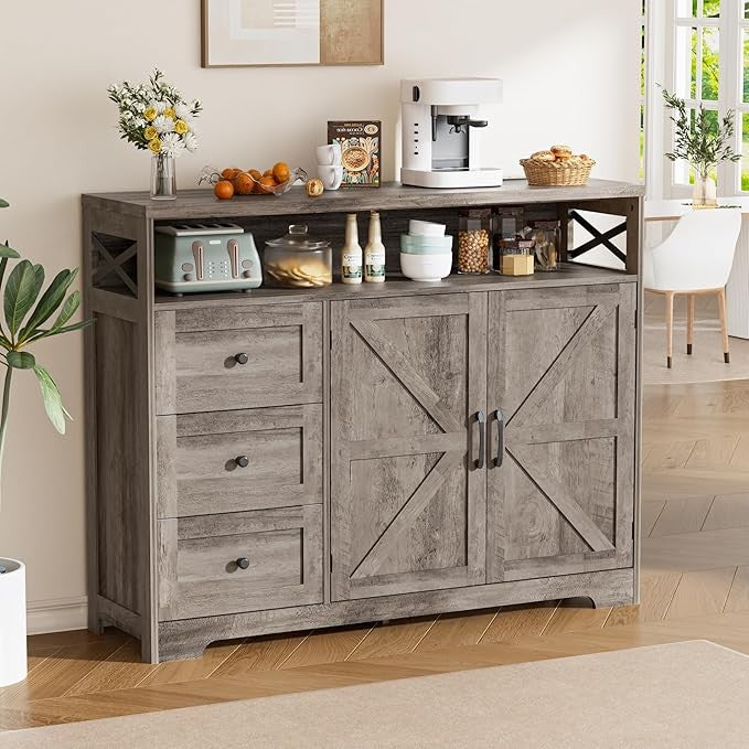 Wooden Sideboard Cabinet with Power Outlets 3 Drawer Storage Unit Grey