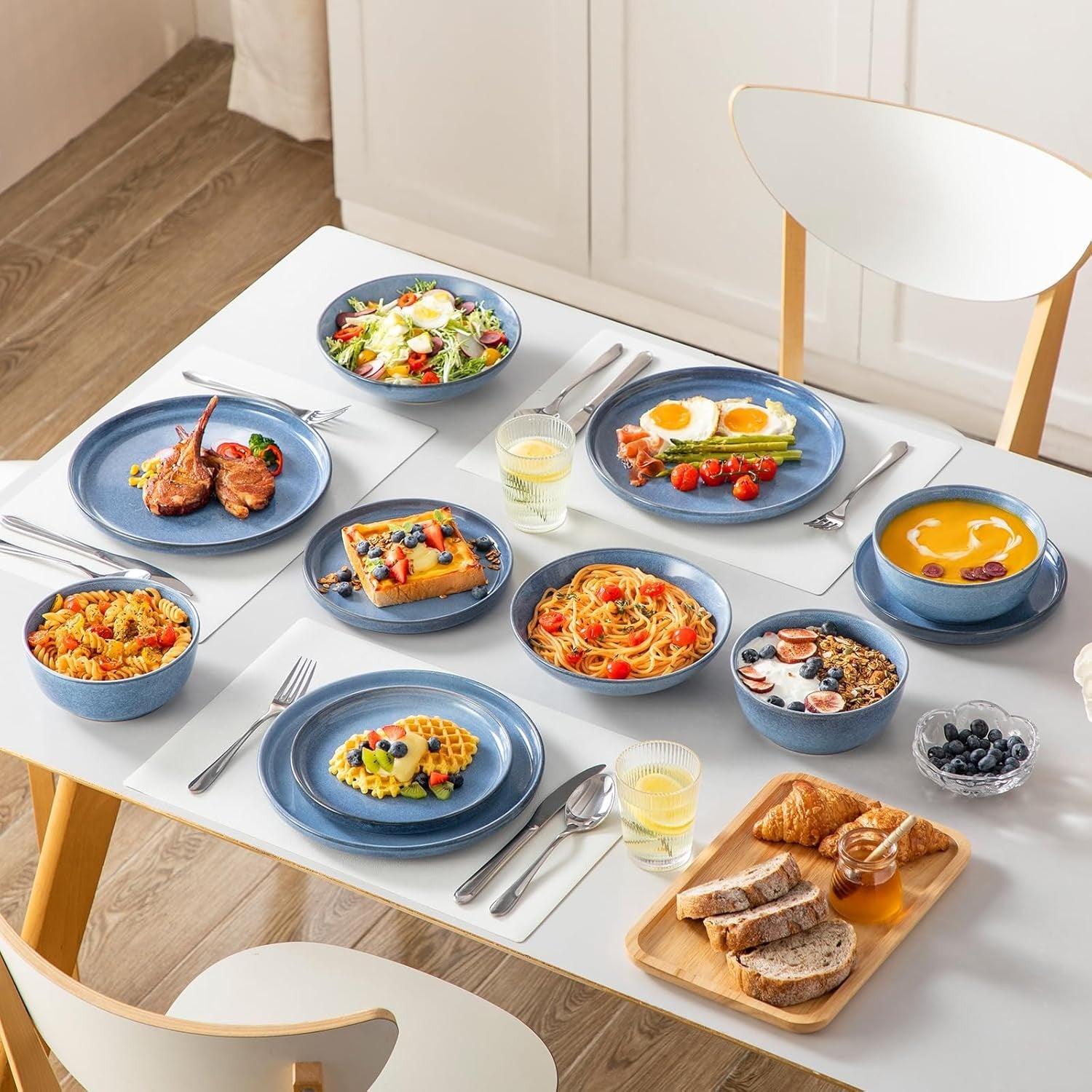 24pc Ceramic Dinner Set Blue Plates Bowls Microwave Dishwasher Safe