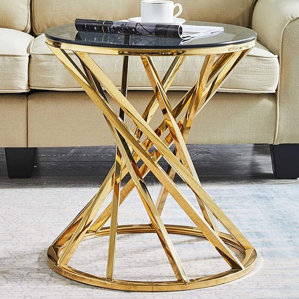 Round Gold Side Table Tempered Glass 50x50cm | Modern End Table for Living Room