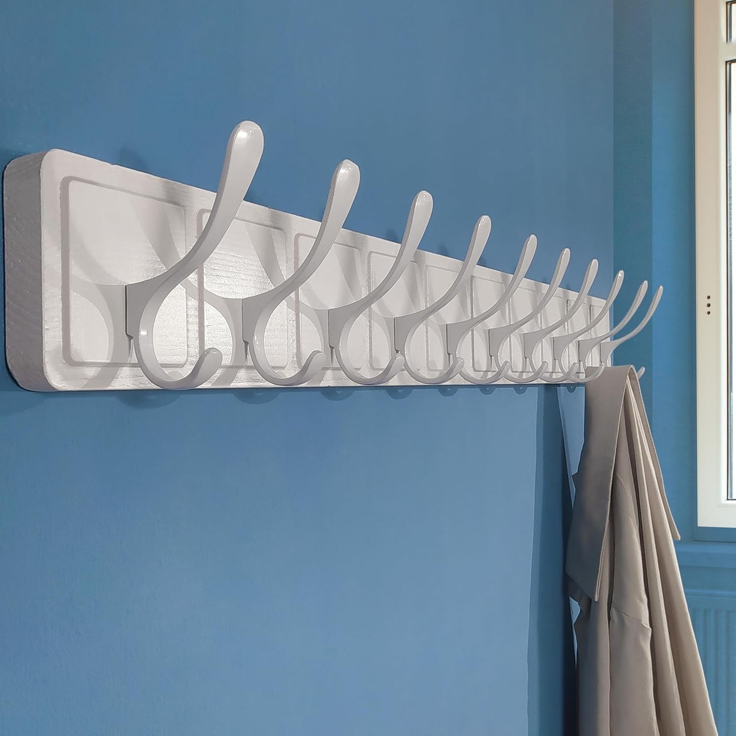 Scandi Wall Coat Rack 10 Hooks | White Wooden Hanger for Coats Hats Scarves