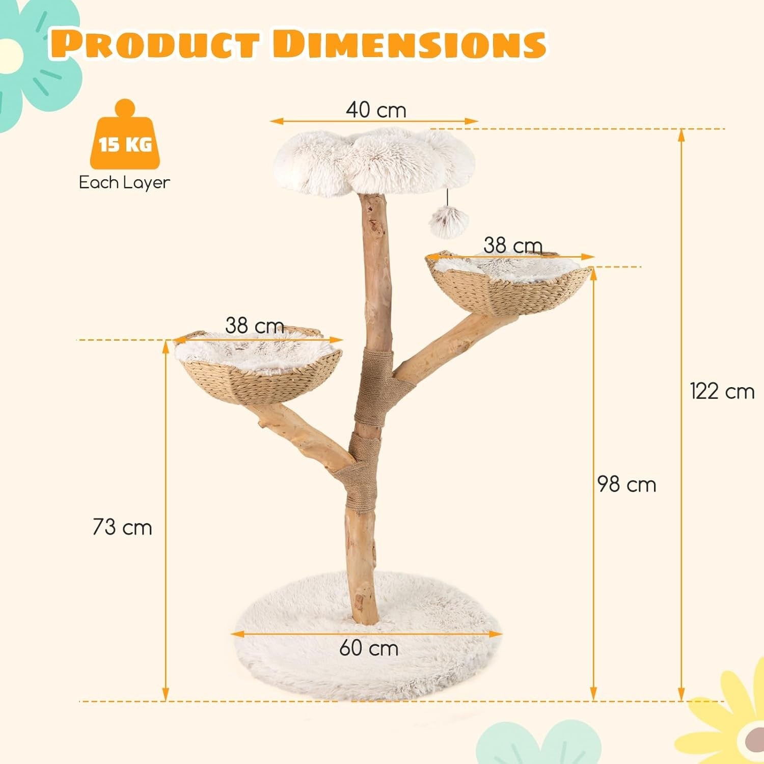 122cm Wooden Cat Tree White Multi Level Tower with Basket Perches & Jute Scratch