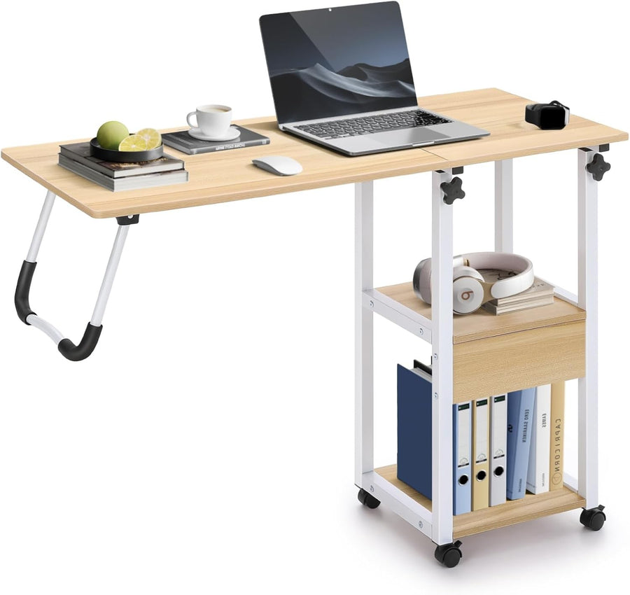 Beige Overbed Table with Wheels Adjustable Foldable Bedside Laptop Desk