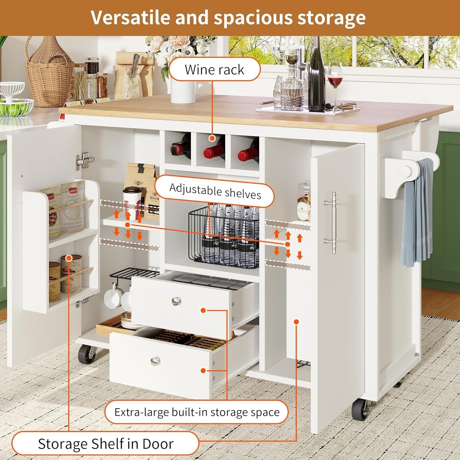 White Kitchen Island Trolley on Wheels w/ Foldable Top, Wine Rack & Storage